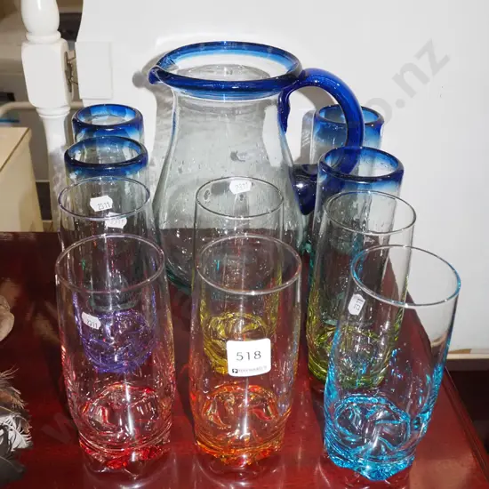 blue glass water set, coloured glass tumblers
