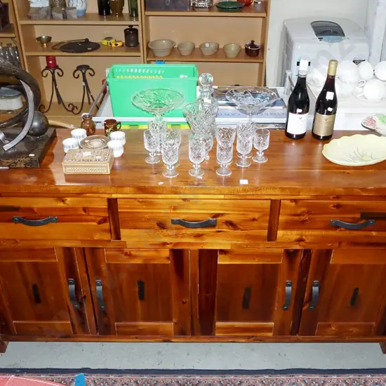 heavy pine sideboard with 4 solid doors, 3 drawers, bent metal handes H-860 W-1800 D-415