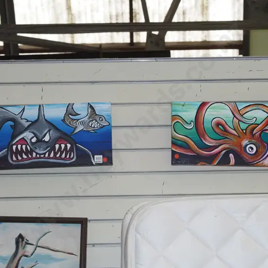 2x boxed acrylics on canvas - squid, sharks - red dots