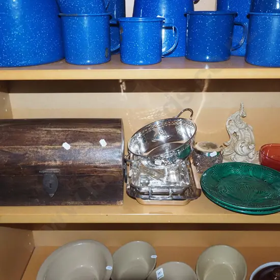 shelf; wooden barrel top chest, plated ware, Sarreguemines style plates