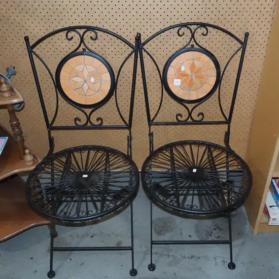 2x metal and mosaic outdoor chairs