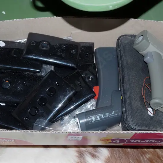 1980s black electrical switches, 2x digital thermometers