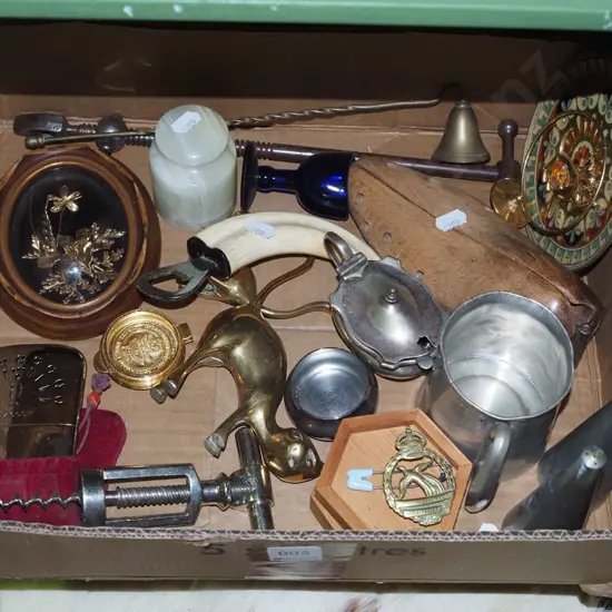 box; shoe forms, pewter tankard, bottle opener, hand warmer etc