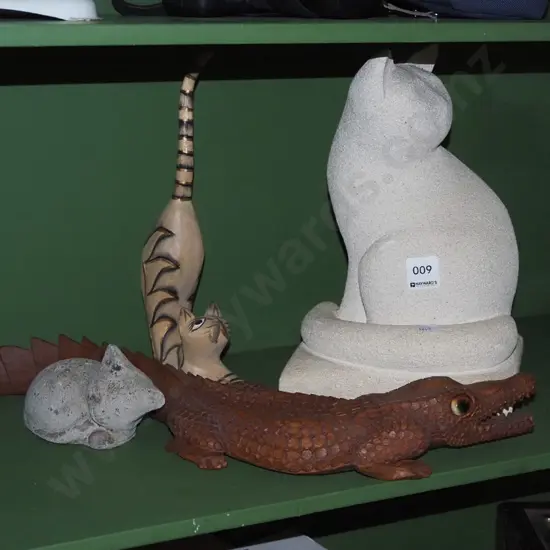3x cat figurines, 1x wooden crocodile