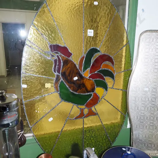 oval leadlight glass panel with rooster image - some cracks to 1 pane H-790