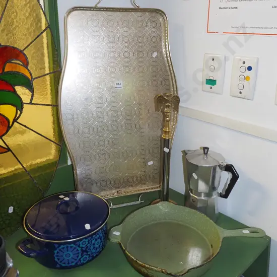plated tray, stove top espresso maker, casserole, frying pan, brass eagle on stand