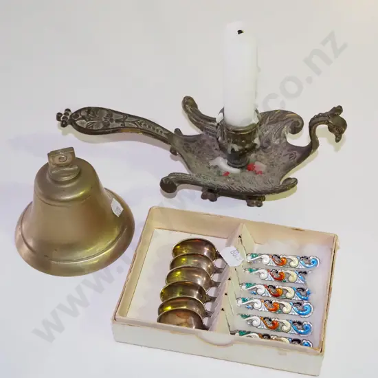 brass bell - no donger, brass candlestick, enamel and plated teaspoons