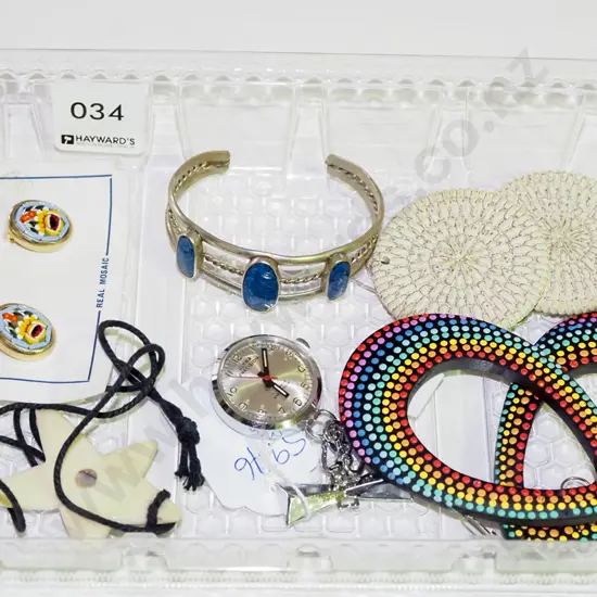 plastic tray; nurses watch, earrings, bracelet etc