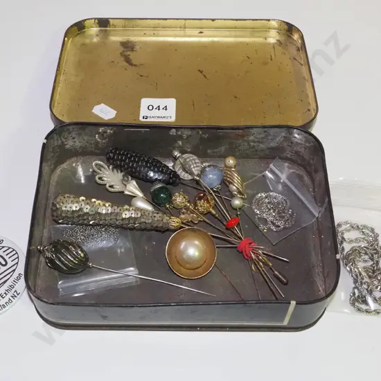 vintage tin; badges, hat pins etc