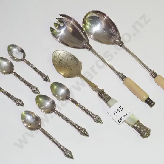 sterling silver teaspoons, salad server, mother of pearl spoon