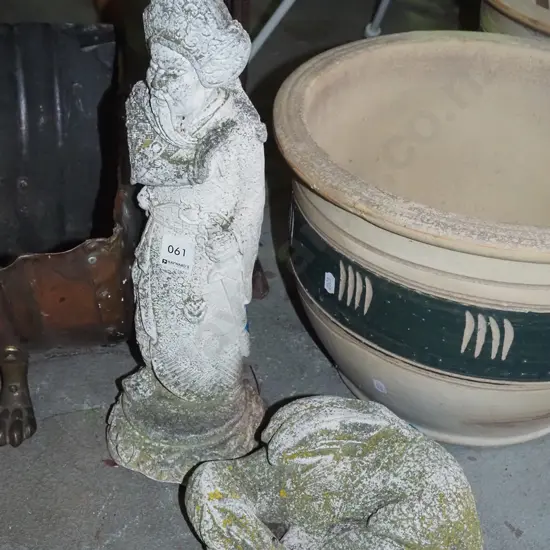 2x concrete figurines - dragons, warrior standing Tallest H-420