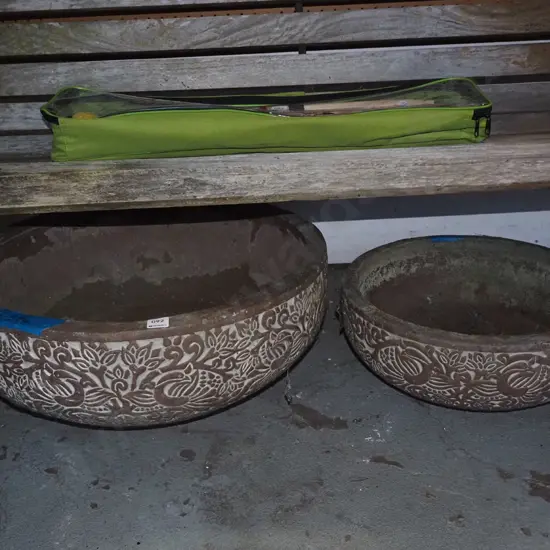2x circular garden planters with floral details in relief Largest H-240 Diam-550