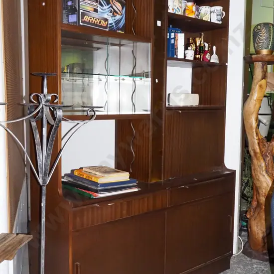 retro wall unit with glass display cabinet, liquor cabinet, pillar illuminated light, 2 solid doors