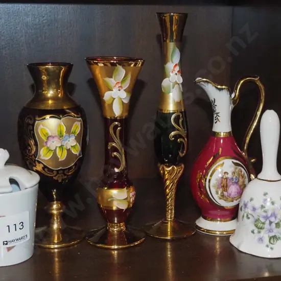 Venetian glass vases, ceramic bell, Evesham musard pot etc
