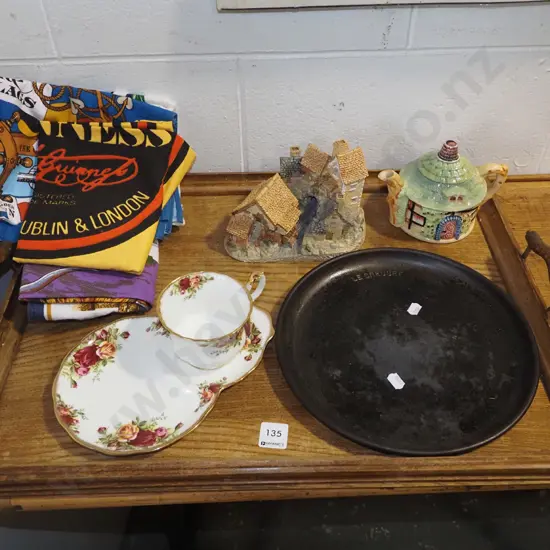 wooden tray, tea towels, tennis set, Le Creuset skillet etc
