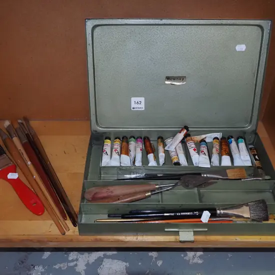 metal artists box; paints, brushes etc