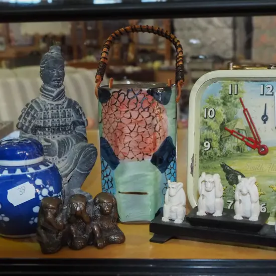 vintage Smith's bedside alarm clock, Asian figurine, monkey figurines, 2x small ginger jars etc