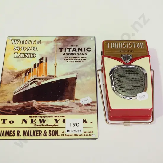 reproduction Titanic print on tin, reproduction transistor radio