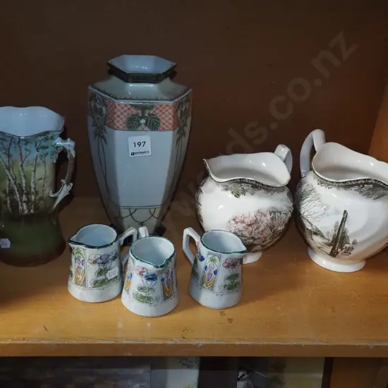 shelf; jugs, 2x vases