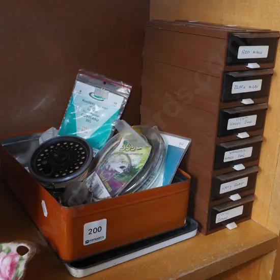 fly fishing flies, tin box of accessories