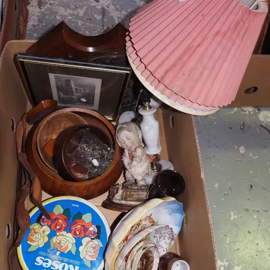 box; lamps, wooden bowls, figurine, glass jug etc
