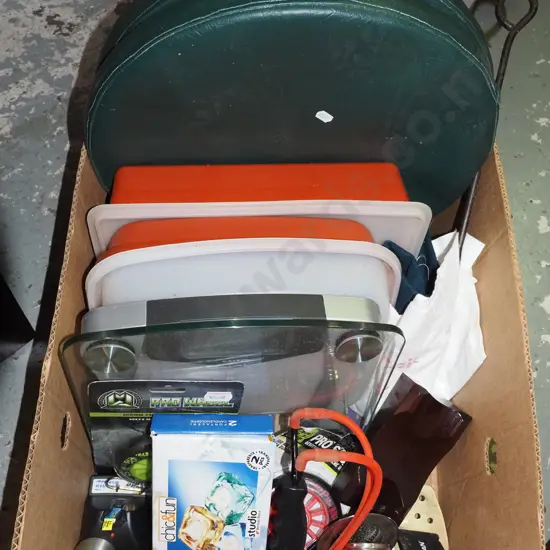 box; bathroom scales, tupperware, vinyl cushions etc
