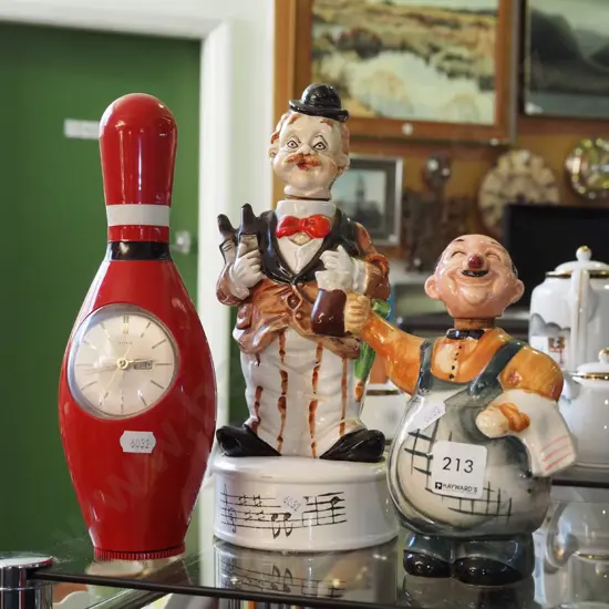 musical decanter, bowling pin clock, figural decanter
