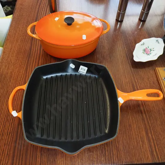 cast iron and enamel French casserole, Le Creuset sqaure skillet