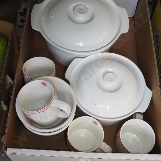 box; lidded casssrole, Christmas coffee cups, popcorn bowls