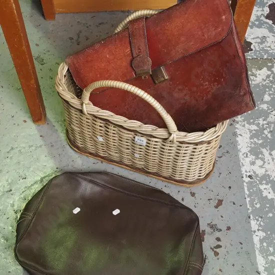 plastic cane basket, vinyl and leather satchels