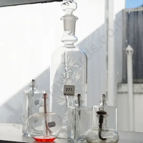 glass stoppered bottle with ornamental birds and tree inside, 5x candlewick lanterns