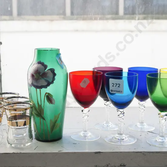 small coloured glass bottles, 5x shot vases, green glass vase- chip H-160
