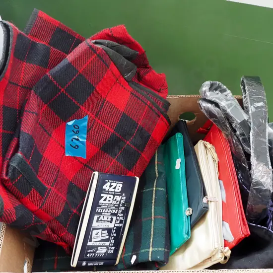 box; picnic rugs, handbags etc