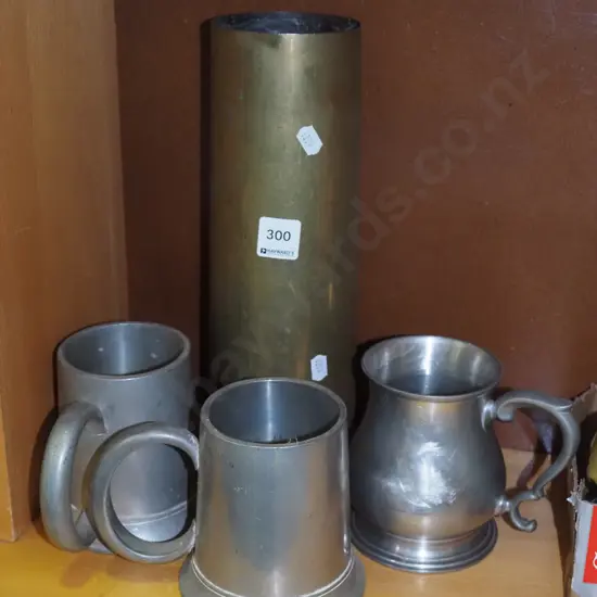 3x peweter tankards, artillery  shell casing H-305
