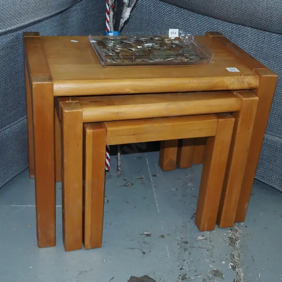 solid rimu nest of 3 tables - varnish needs attention