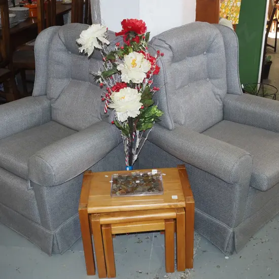 pair of wingback grey deep buttoned fireside chairs