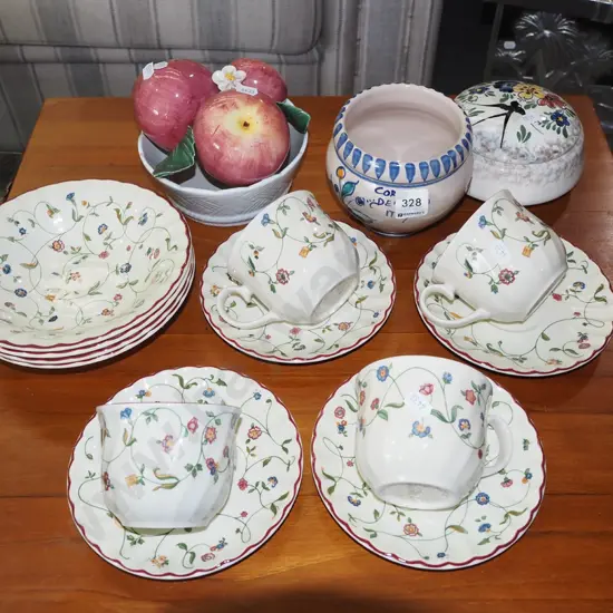 Staffordshire bowls, cups, ceramic fruit bowl etc