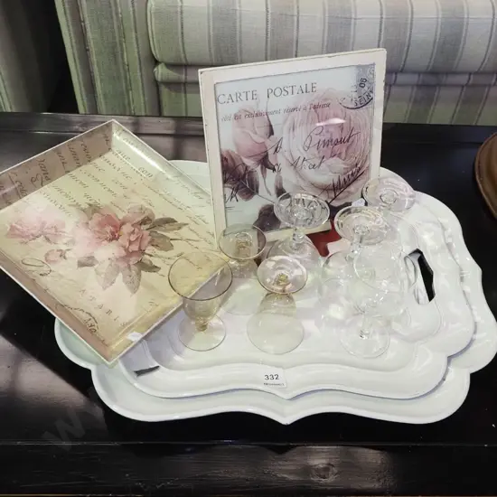 3x trays, floral print, small glasses