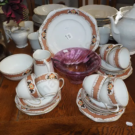 purple glass bowl, Czechoslovakian tea set