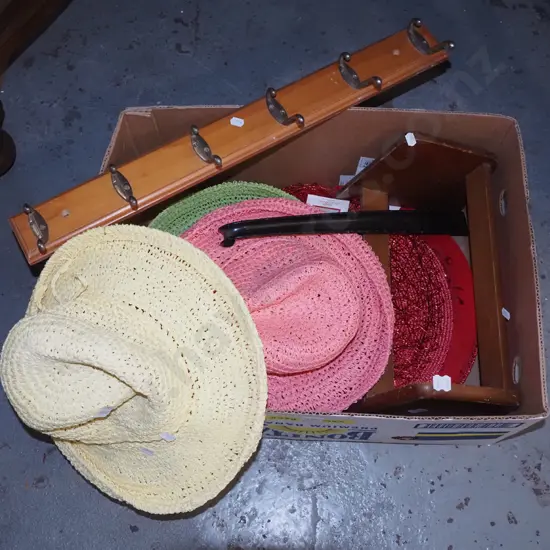 box; wooden bookshelf, coat rack etc