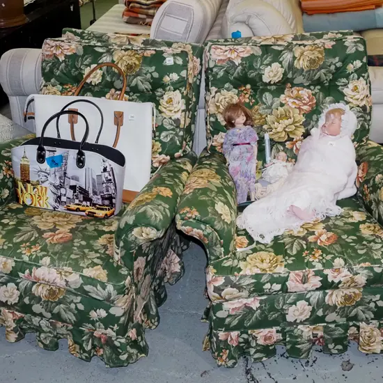 2x green floral deep buttoned armchairs