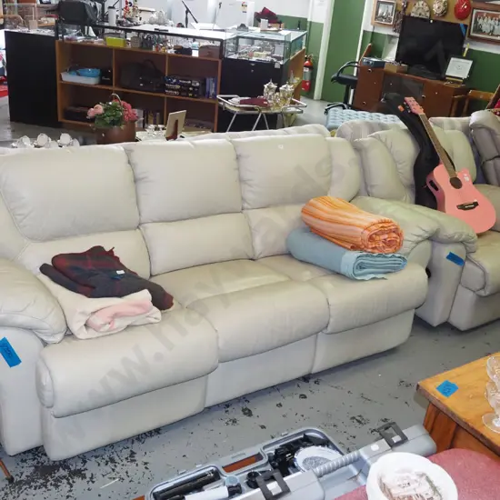 cream leather 2 piece lounge suite - 3 reclining seater settee, reclining armchair