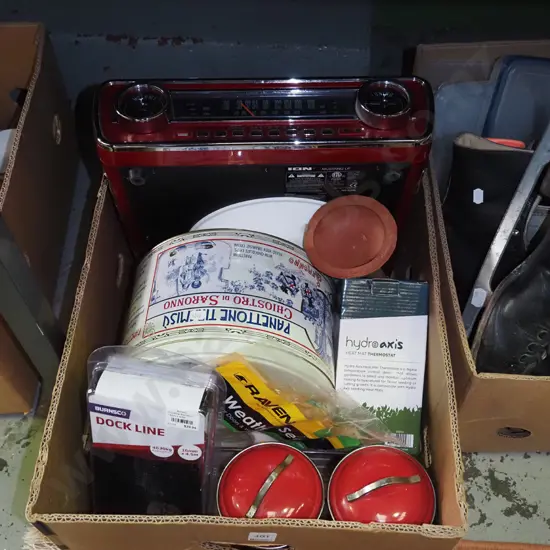 box; light shades, tins, storage canisters, tins, Mustang radio - American plug etc