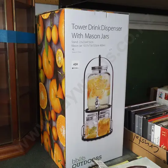 as new boxed Tower drink dispenser with mason jars