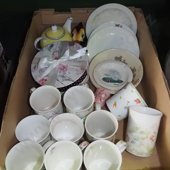 box; coffee cups, bowls, tea pot etc