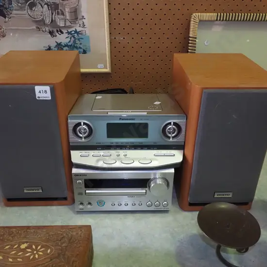 Onkyo midi system with Panasonic bedside radio alarm clock