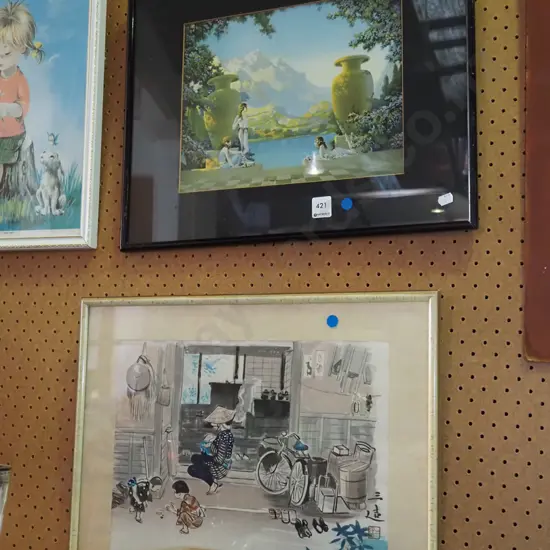 framed watercolour - Asian domestic scene, framed print - The Magic of Dawn - blue dots