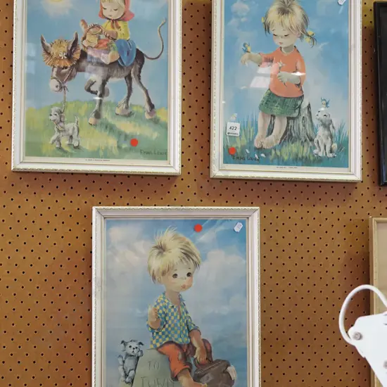 3x framed retro children's prints - red dots