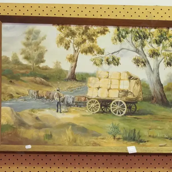 framed oil - wagon fording stream