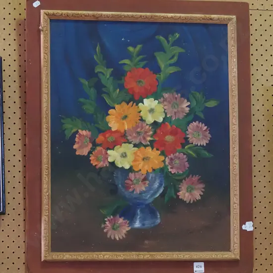 framed oil - stil life flowers - needs a clean